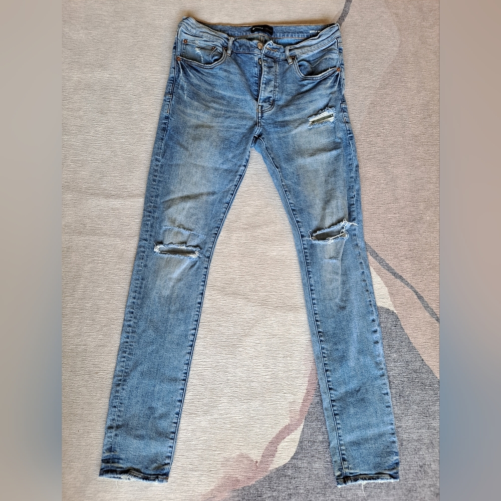Purple Brand Style P001. Low Rise Skinny Jeans. Blue Distressed. Men Size 34